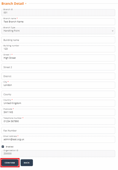 Confirm branch details